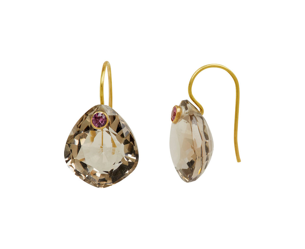 Smoky Quartz and Pink Sapphire Irregular Gem Earrings