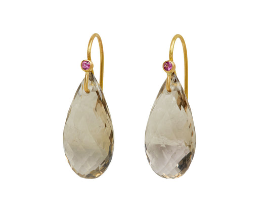Smoky Quartz and Pink Sapphire Long Drop Earrings