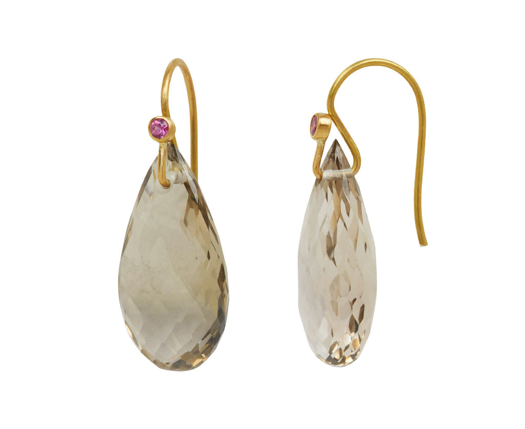 Smoky Quartz and Pink Sapphire Long Drop Earrings