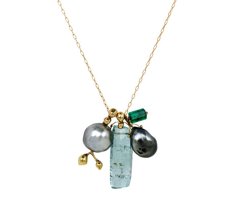 Aquamarine, Pearl and Emerald Charm Necklace