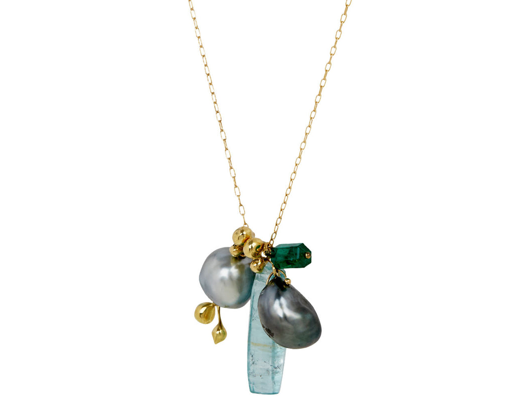 Aquamarine, Pearl and Emerald Charm Necklace