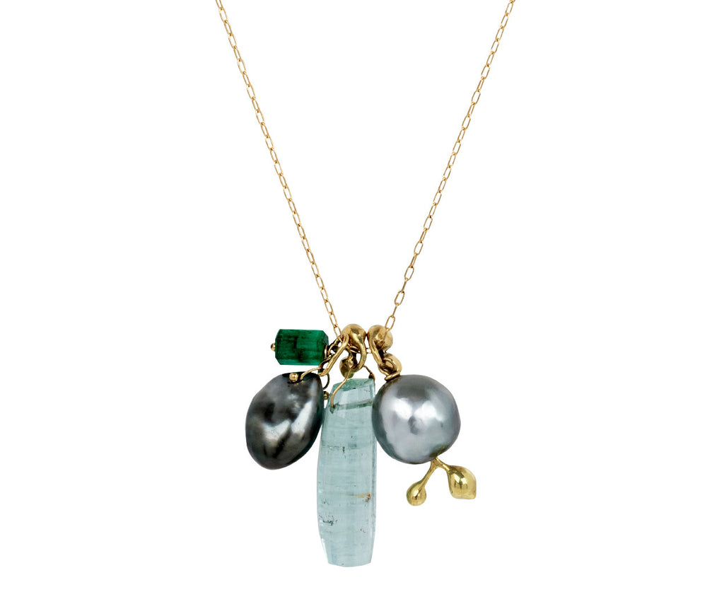 Aquamarine, Pearl and Emerald Charm Necklace