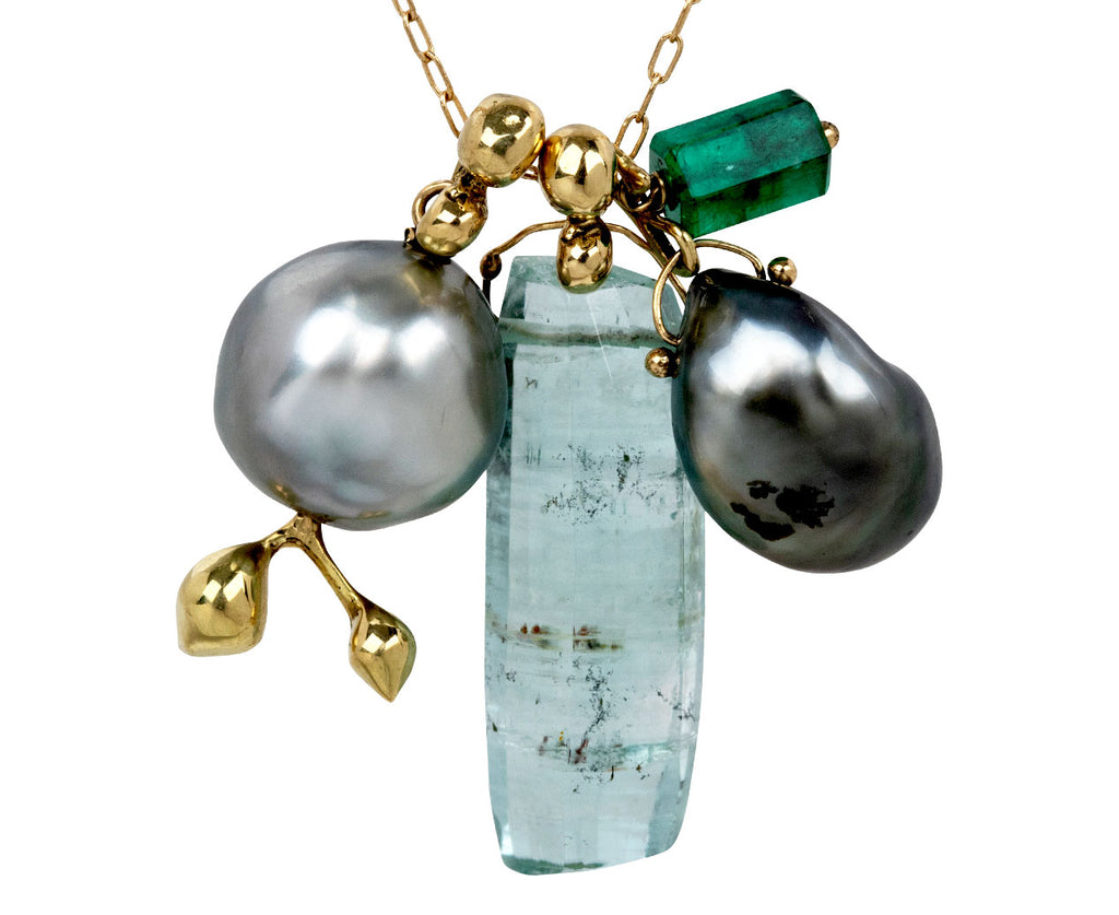 Aquamarine, Pearl and Emerald Charm Necklace