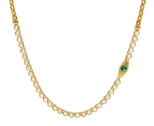 Uniform Object Asscher Cut Emerald and Diamond Vessel Tennis Necklace
