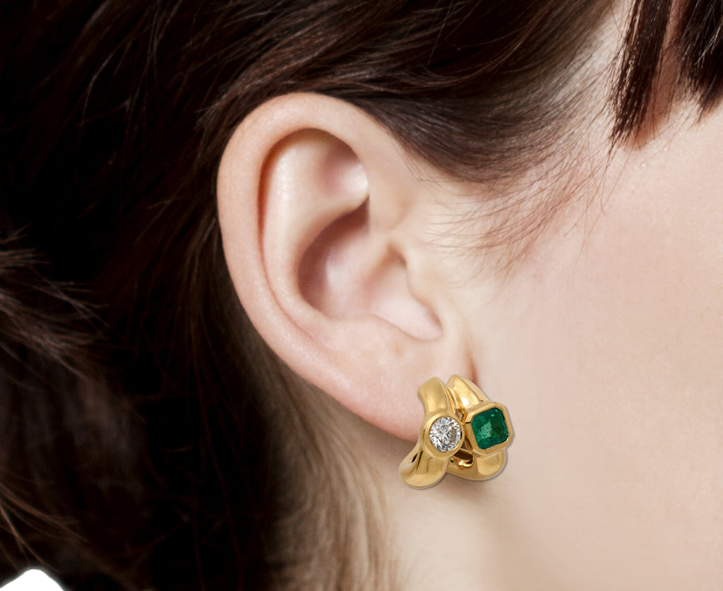 Emerald and Diamond Twin Tusk Huggie Earrings