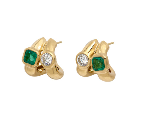 Emerald and Diamond Twin Tusk Huggie Earrings