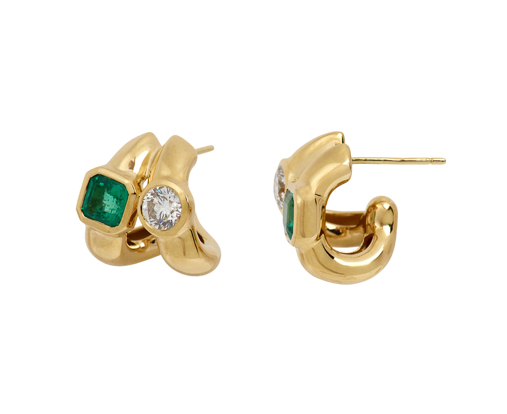 Emerald and Diamond Twin Tusk Huggie Earrings