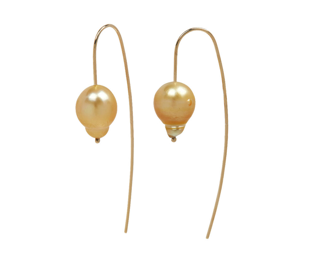 White/Space Baroque Gold South Sea Pearl Nova Hook Earrings - Closeup