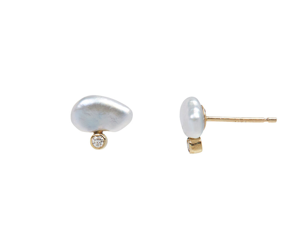White/Space Celeste Pearl Lagniappe and Diamond Stud Earrings - Side View