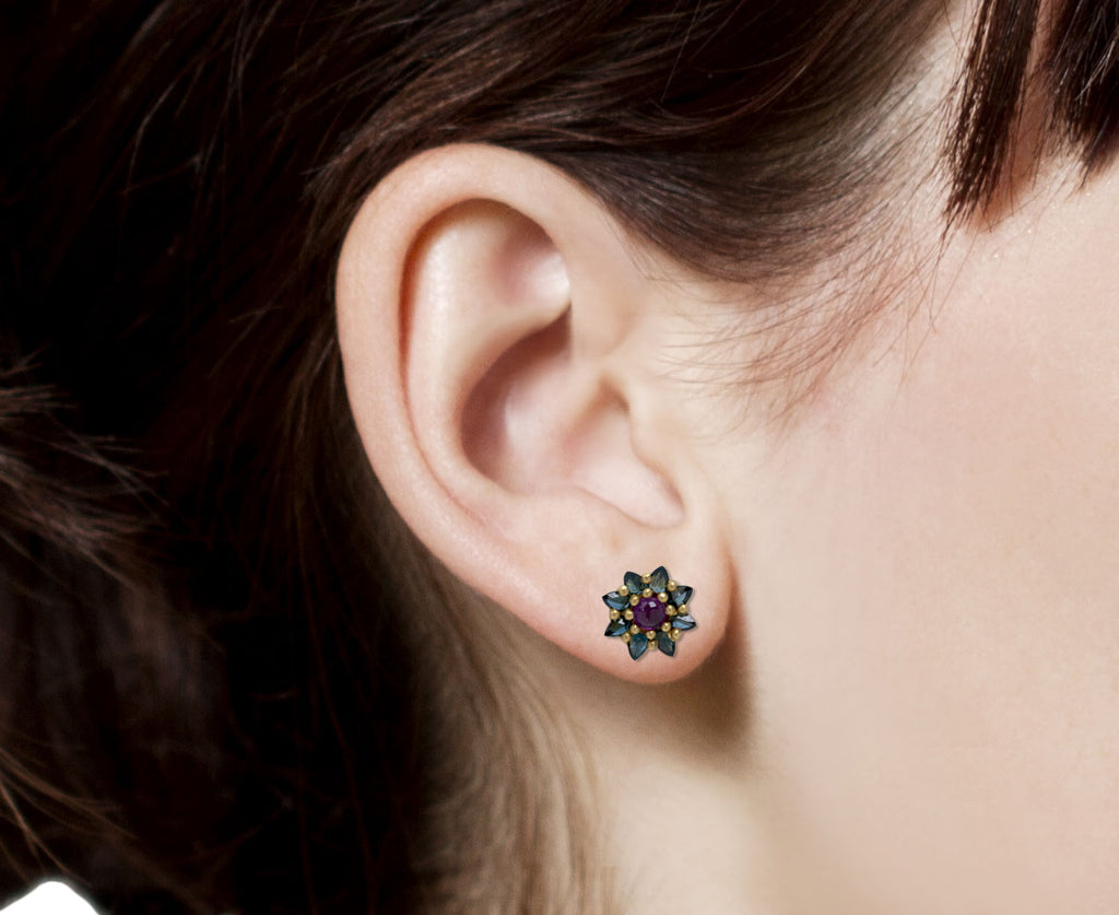 Pink and Teal Sapphire Daisy Stud Earrings
