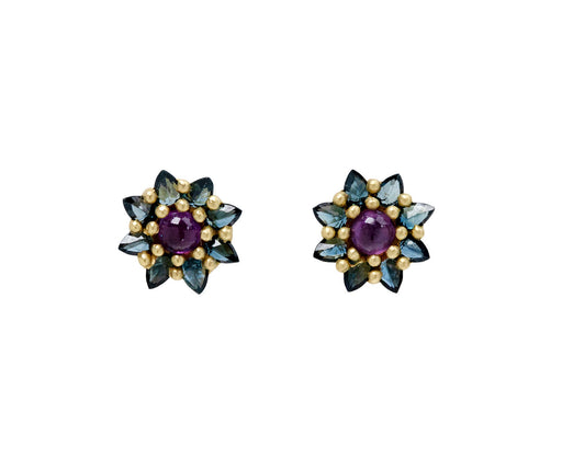 Pink and Teal Sapphire Daisy Stud Earrings