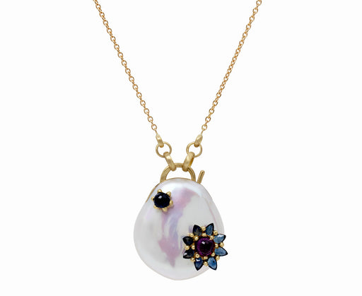 White Souffle Pearl Sapphire Larkspur Padlock Necklace