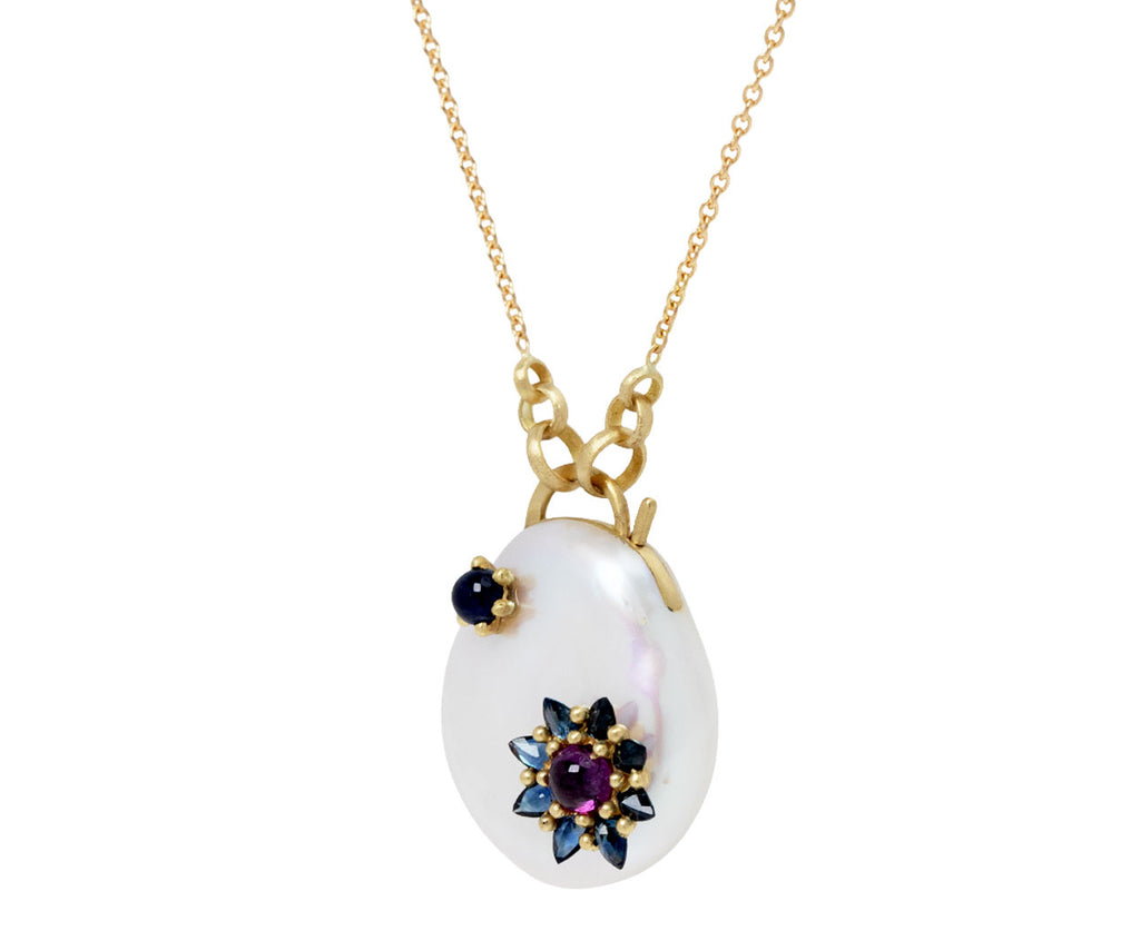White Souffle Pearl Sapphire Larkspur Padlock Necklace