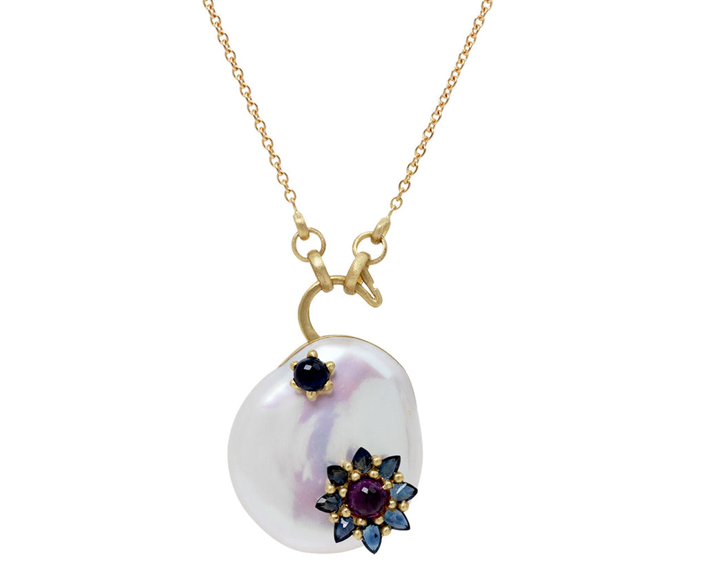 White Souffle Pearl Sapphire Larkspur Padlock Necklace