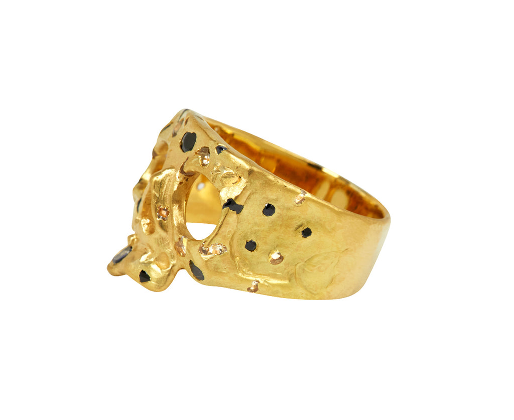 Black and White Sapphire Confetti Large Face Snaggletooth Skull Ring - TWISTonline 