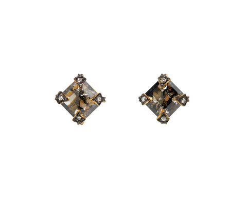 Square Rustic Diamond Antique Prong Stud Earrings