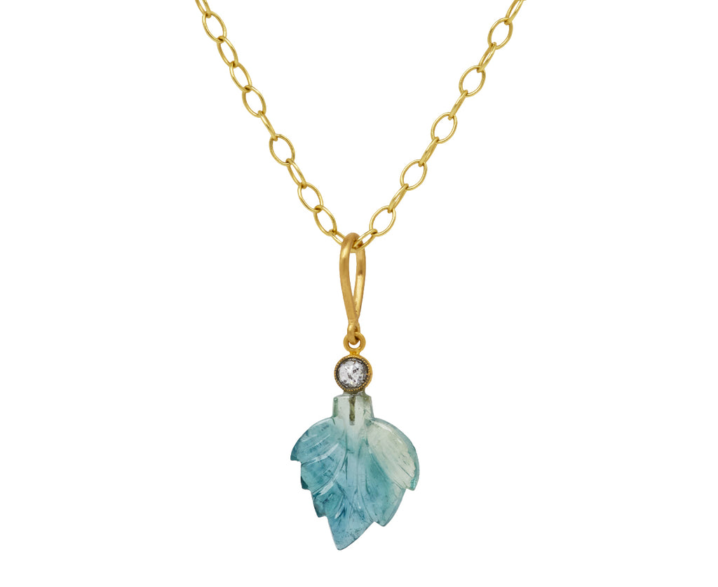 Blue Tourmaline and Diamond Carved Leaf Charm Pendant ONLY