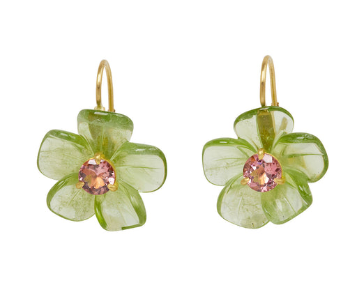 Peridot and Pink Tourmaline Jeweled Flower Earrings