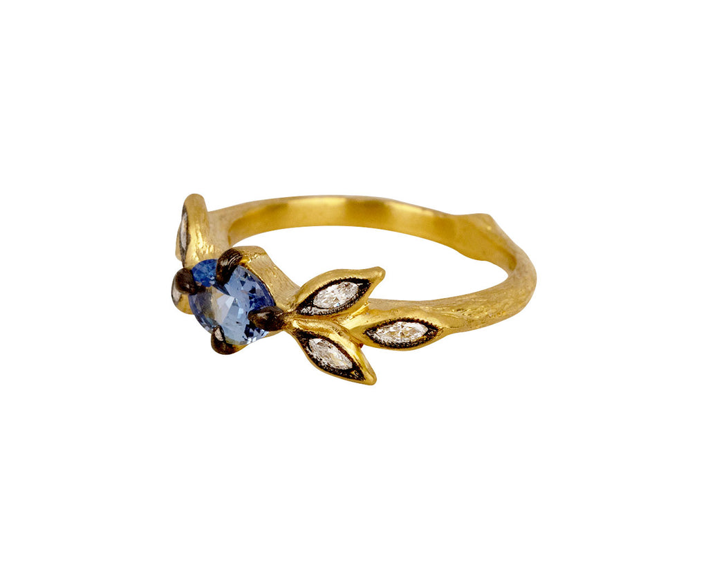 Cathy Waterman Blue Sapphire Marquise Diamond Three Leaf Ring - Side view