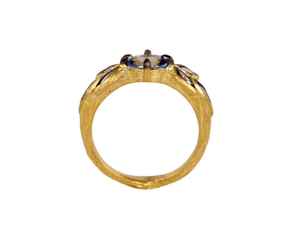 Cathy Waterman Blue Sapphire Marquise Diamond Three Leaf Ring - Top Down View