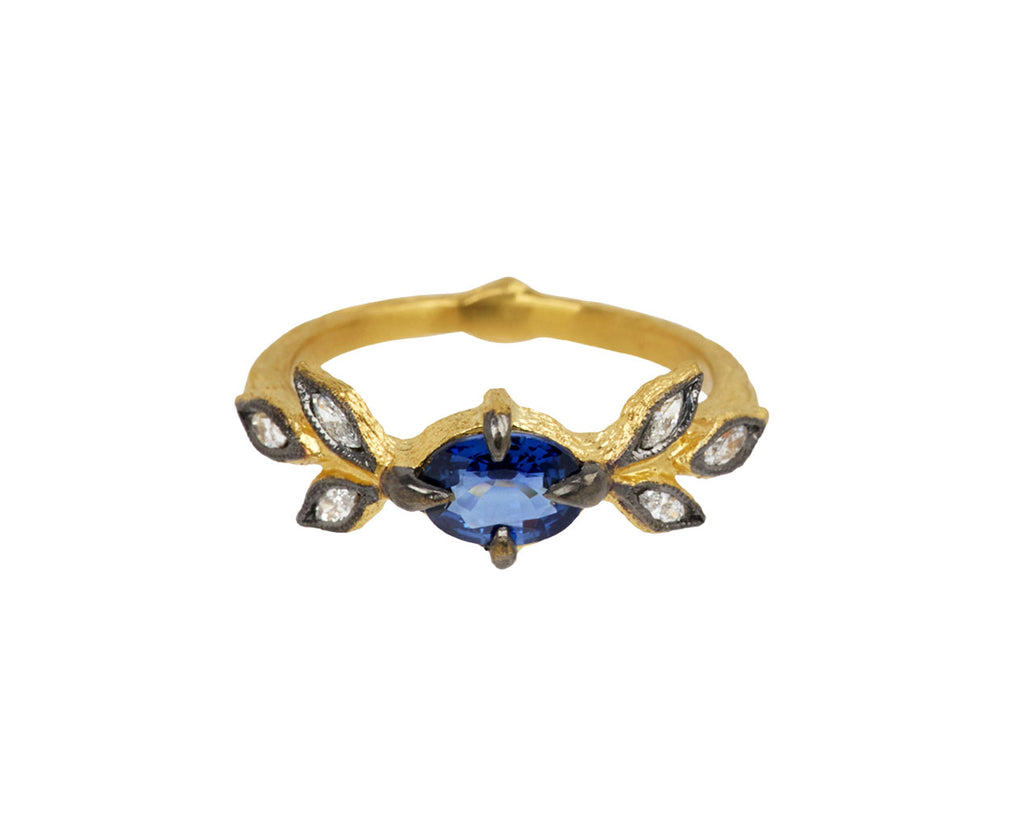 Cathy Waterman Blue Sapphire Marquise Diamond Three Leaf Ring