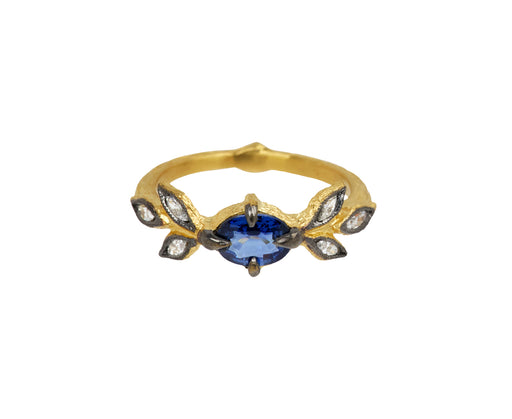 Blue Sapphire Marquise Diamond Three Leaf Ring