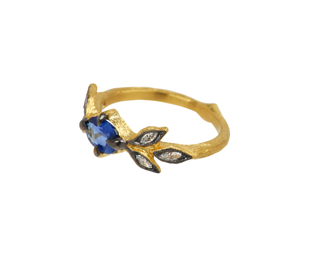 Blue Sapphire Marquise Diamond Three Leaf Ring