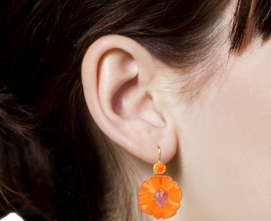 Carnelian and Pink Sapphire Jeweled Flower Earrings