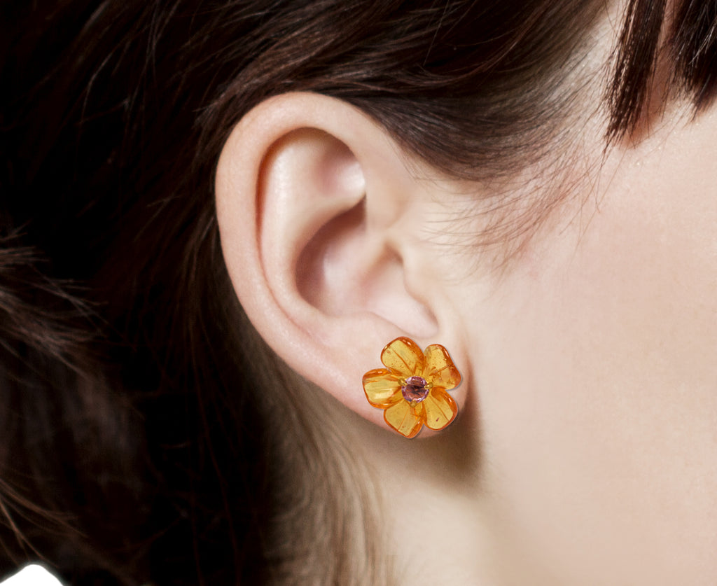 Mandarin Garnet and Pink Sapphire Jeweled Flower Earrings
