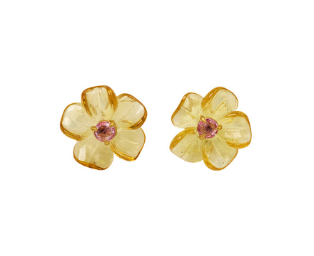 Golden Beryl and Pink Saphire Jeweled Flower Earrings