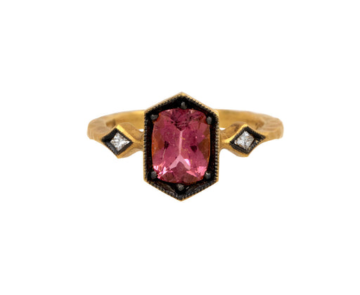 Pink Peach Tourmaline and Diamond Shield Ring