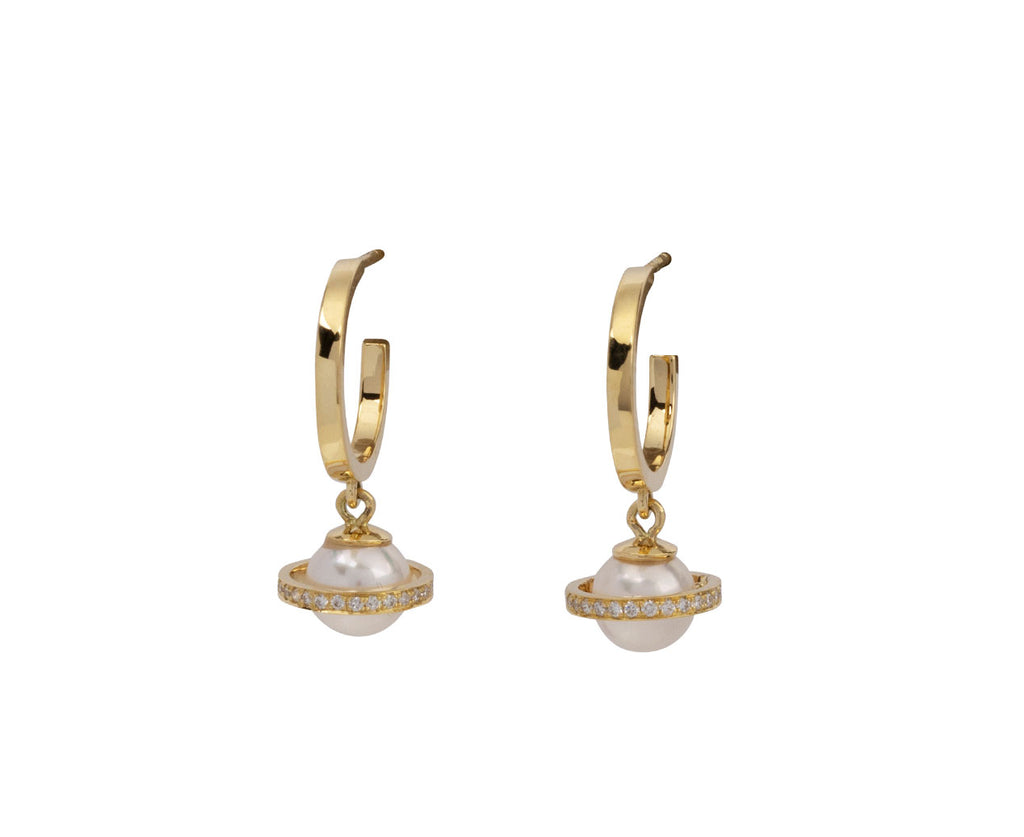 Diamond and Pearl Micro Saturn Hoop Earrings