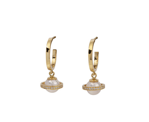 Diamond and Pearl Micro Saturn Hoop Earrings
