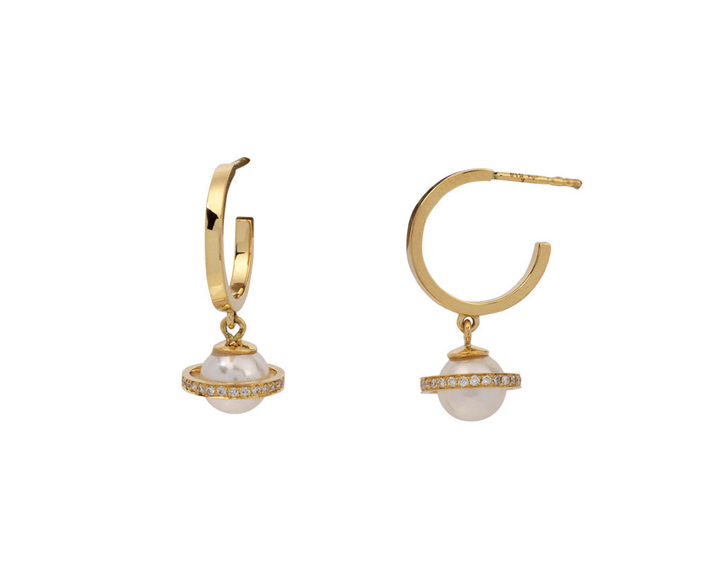 Diamond and Pearl Micro Saturn Hoop Earrings
