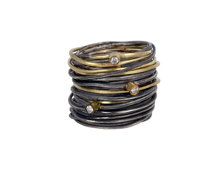 Diamond Oxidized Sterling Silver Gold Spaghetti Ring