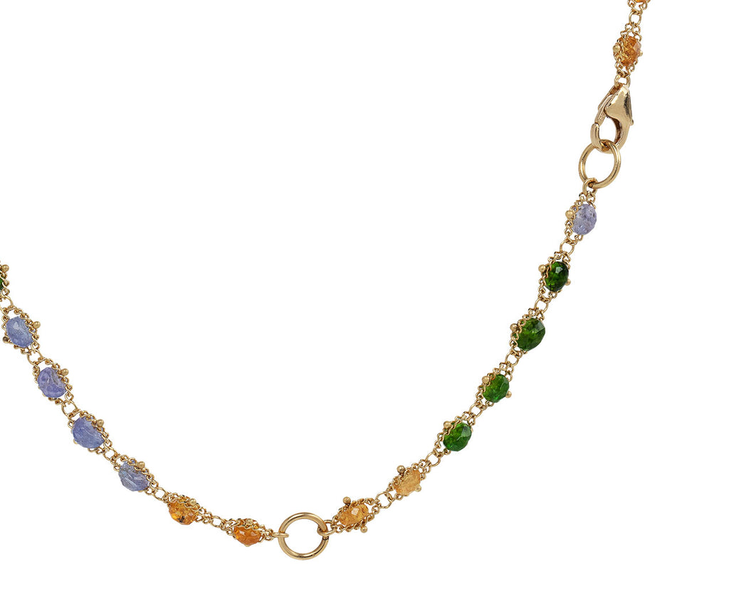 Amali Green Tourmaline, Tanzanite and Garnet Woven Textile Necklace Clasp Close Up