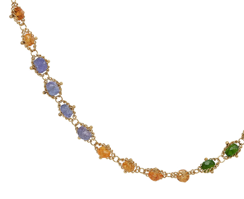 Amali Green Tourmaline, Tanzanite and Garnet Woven Textile Necklace Bead Close Up