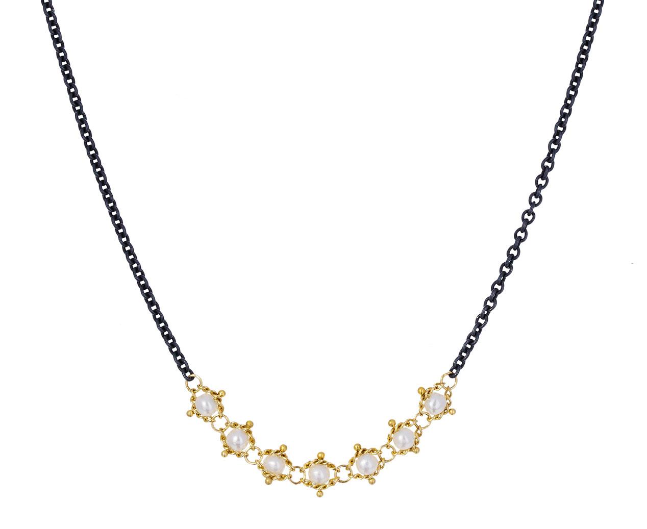 Amali Oxidized Silver and Gold Pearl Station Necklace