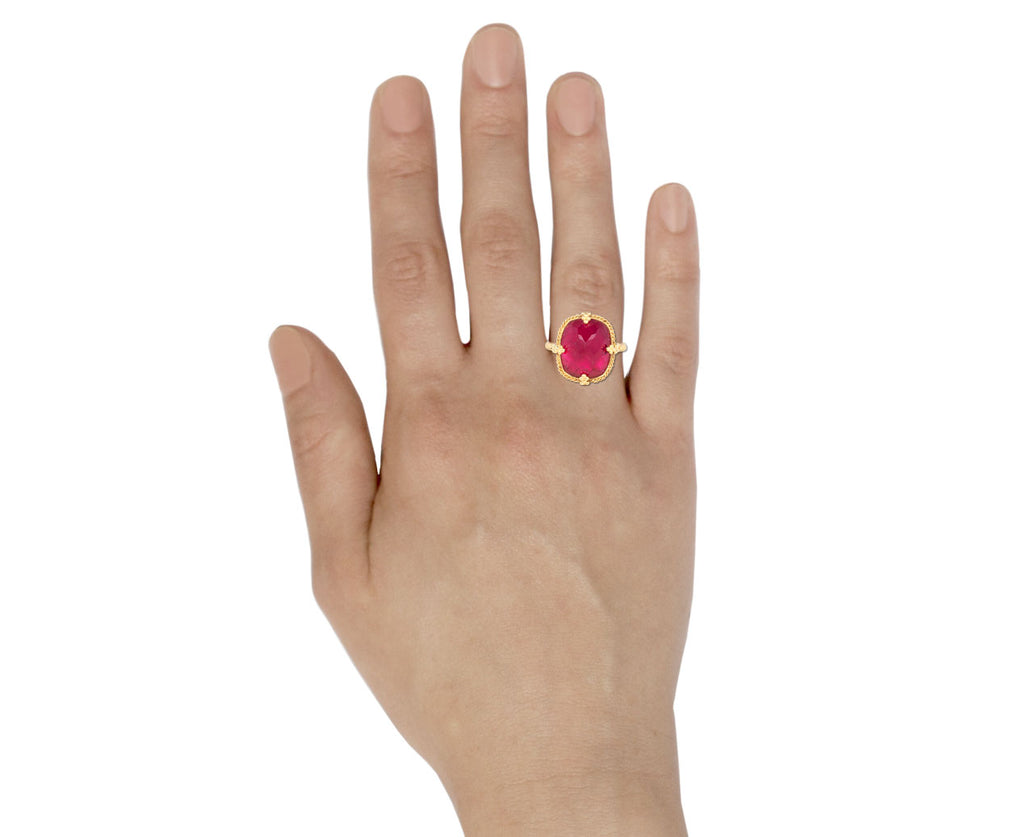 Amali Gold Braided Bezel Inverted Pink Tourmaline Ring Hand View