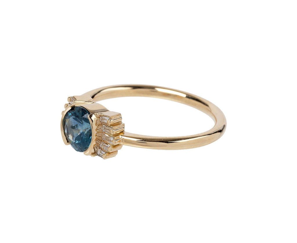 Artëmer Teal Sapphire and Baguette Diamond Wing Ring Side View