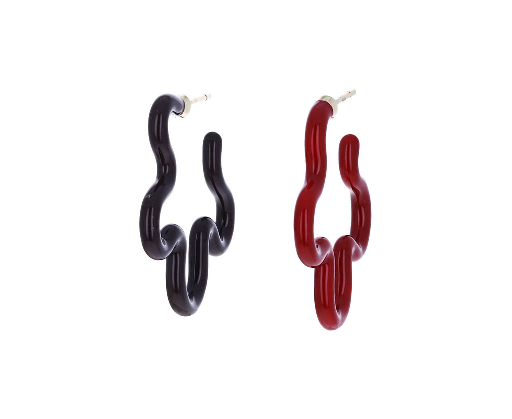 Burgundy and Cherry Chocolate Enamel Asymmetrical Flower Power Hoop Earrings