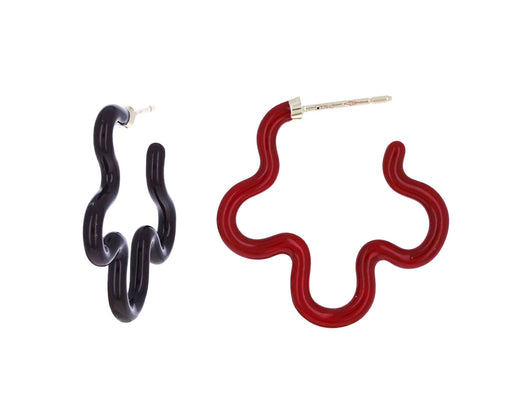 Burgundy and Cherry Chocolate Enamel Asymmetrical Flower Power Hoop Earrings