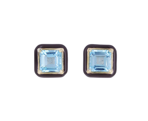 Cherry Chocolate Enamel and Blue Topaz Candy Square Earrings