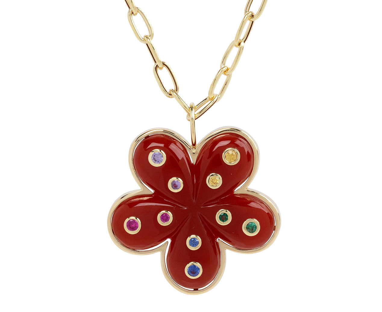 Floral pendant with gold petals and vibrant beads perched in the