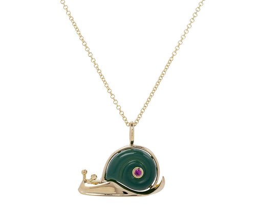 Green Agate and Pink Sapphire Small Snail Pendant Necklace