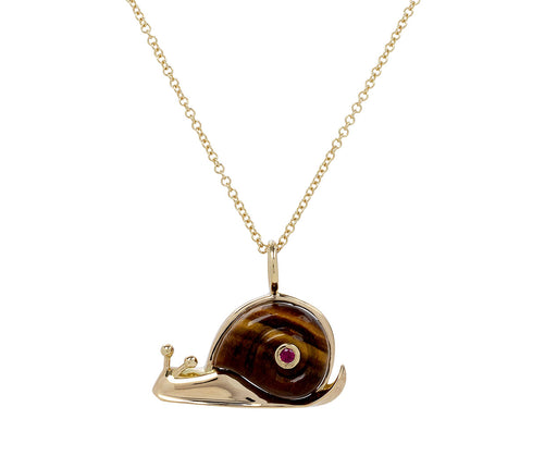 Tiger's Eye and Pink Sapphire Small Snail Pendant Necklace