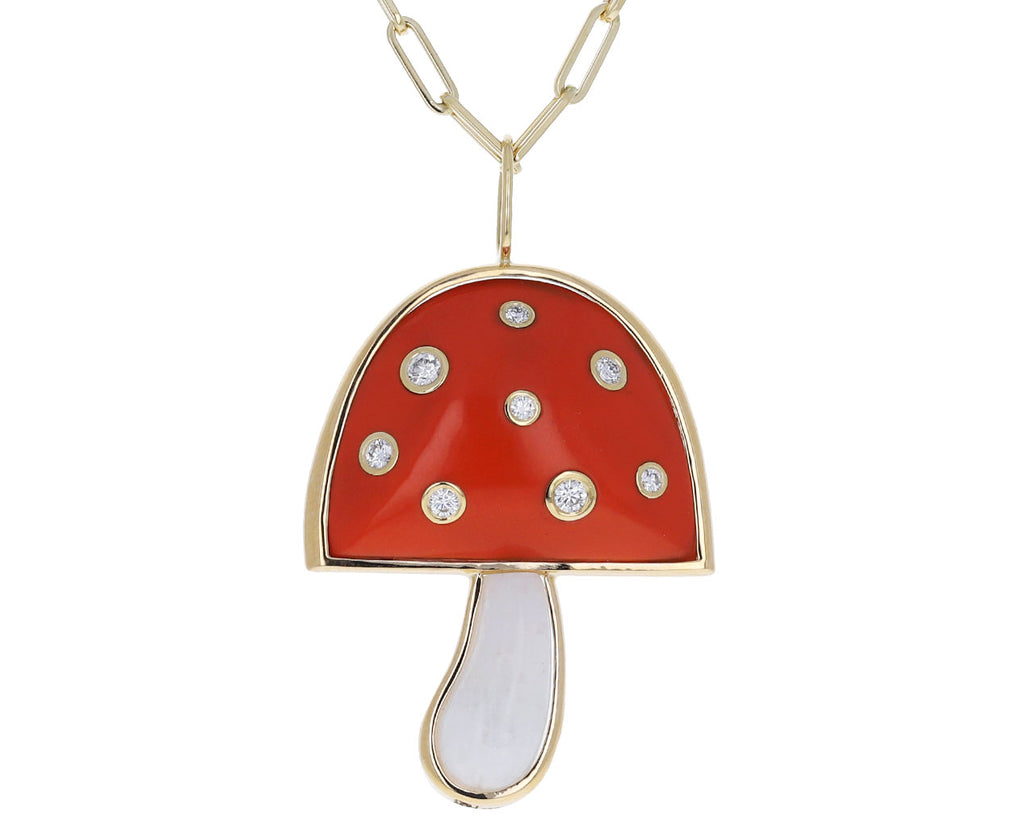 Coral, Moonstone and Diamond Magic Mushroom Necklace