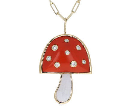 Coral, Moonstone and Diamond Magic Mushroom Necklace