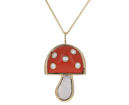 Coral, Moonstone and Diamond Mini Magic Mushroom Pendant Necklace