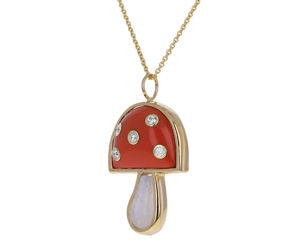 Coral, Moonstone and Diamond Mini Magic Mushroom Pendant Necklace